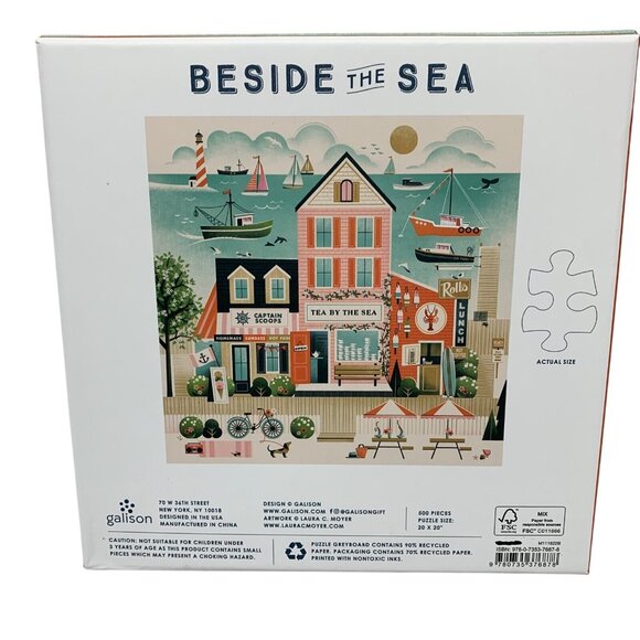 Galison Jigsaw Puzzle Beside the Sea 500 Piece 20" x 20" Boats Ocean Seaside New - Picture 2 of 4